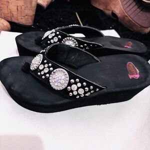 Justin ladies vintage platform black rhinestone sandals Y2K